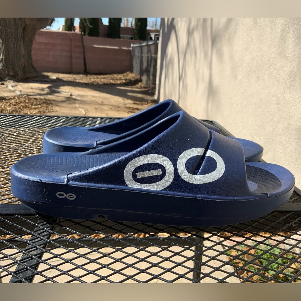 OOFOS Navy Blue Slides Sandals with White Logo